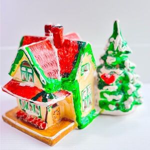 Vintage Giftcraft Ceramic Christmas House with Tree Light-Up Holiday Decor